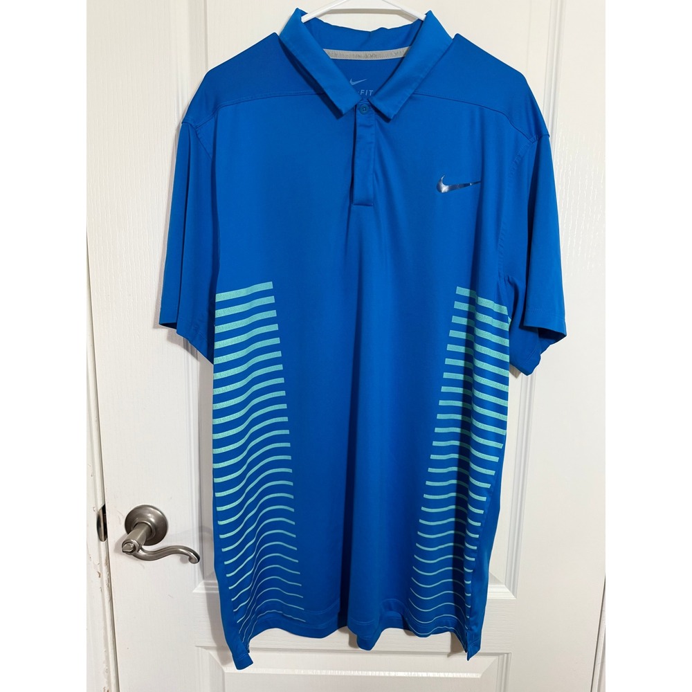 Nike Mens Dri-FIT Blue Teal Striped Performance Golf Polo Shirt Size Large